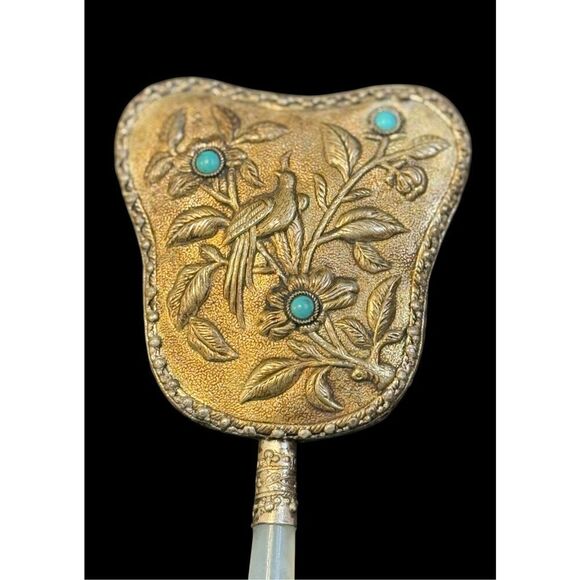 Vintage White Jade Hand Mirror Asian Bird Floral - Picture 4 of 10